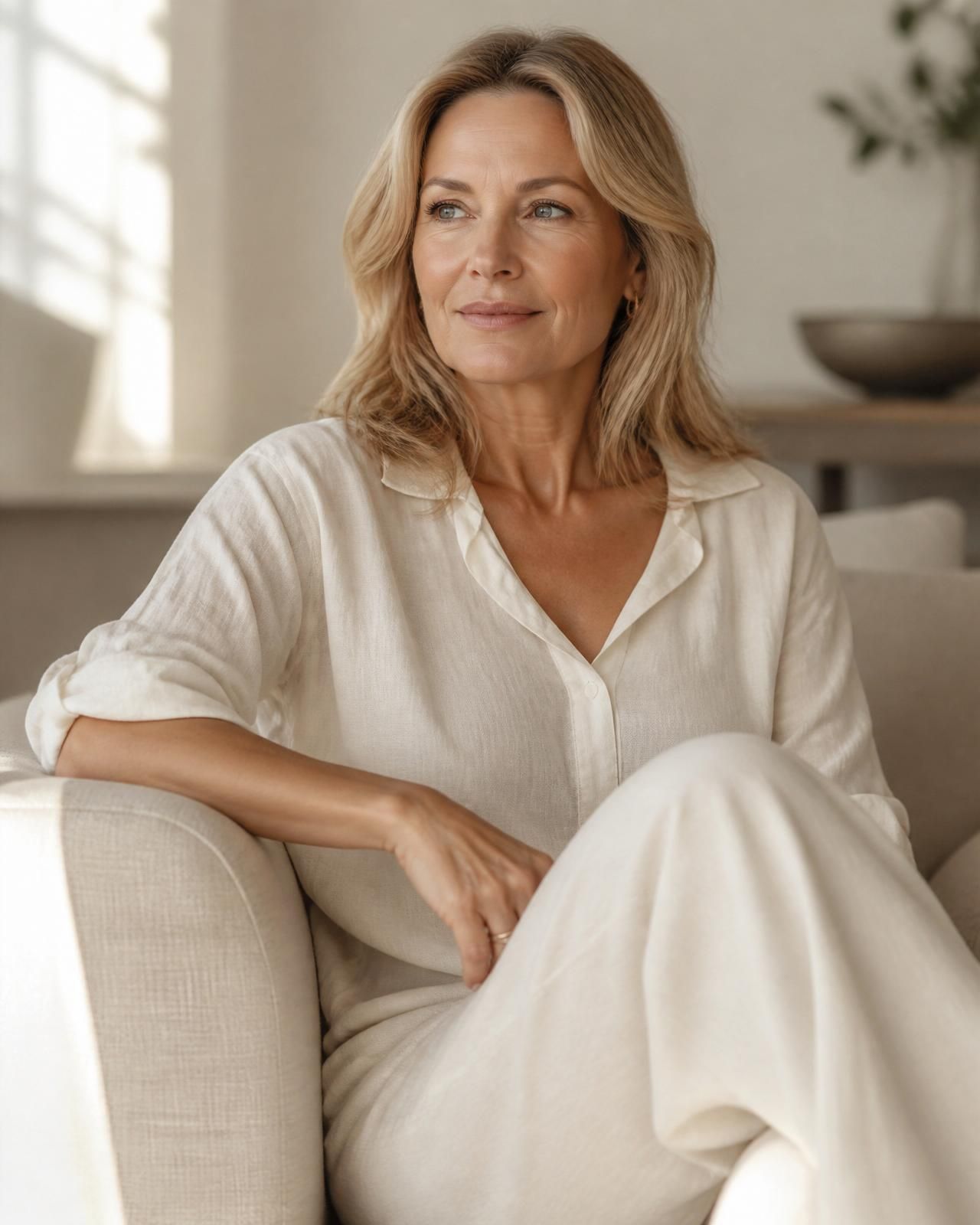A woman in her fifties in soft natural light